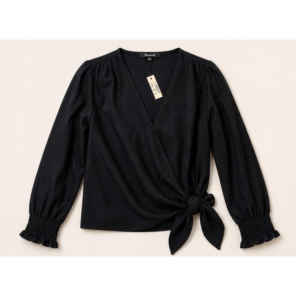 Madewell NWT Black Wrap Top XXS Date Night Tie Waist Textured Going Out